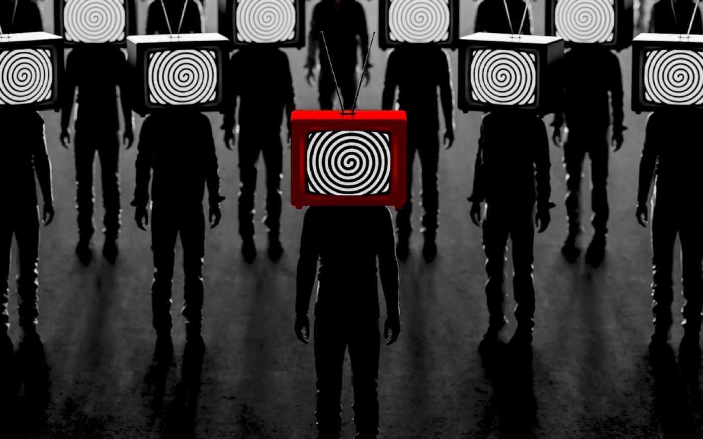 Digital art image of a group of shadowy figures with TVs for heads displaying a hypnotic pattern.